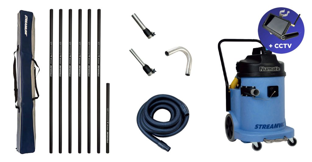 StreamVac™ Commercial Height Gutter Cleaning System Complete – 30-ltr drum, with 34ft/10.5m (11.5m/38ft Reach) Ultra-Lite Modular Carbon Poles and CCTV Kit